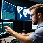 **

A security operations center (SOC) analyst diligently updating threat detection system signatures on a monitor, with a real-time threat map in the background showing evolving cyberattacks. The analyst is focused on proactively patching vulnerabilities.

**