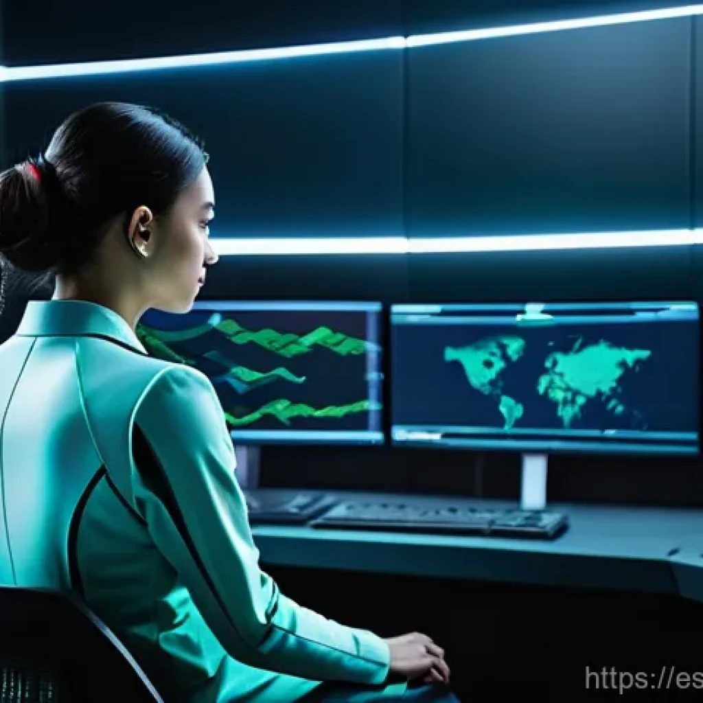 지능형 위협 탐지 시스템과 DDoS 공격 대응 - Digital Sentinel: AI Guardian**
A high-tech, futuristic control room scene. In the foreground, a cyb...