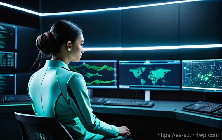 지능형 위협 탐지 시스템과 DDoS 공격 대응 - Digital Sentinel: AI Guardian**
A high-tech, futuristic control room scene. In the foreground, a cyb...