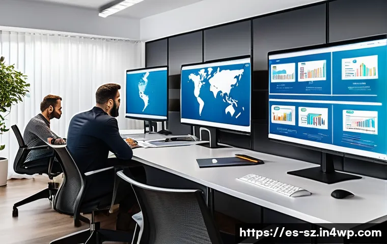 소규모 기업을 위한 지능형 위협 탐지 시스템 가이드 - A modern small business office in Spain with a diverse team of professionals working on laptops, scr...