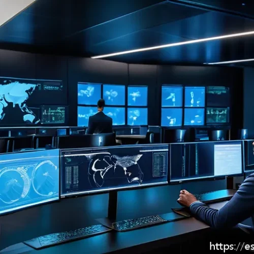 Home 17 실시간 위협 탐지 시스템의 필요성 - A modern corporate cybersecurity operations center with diverse professionals monitoring multiple la...