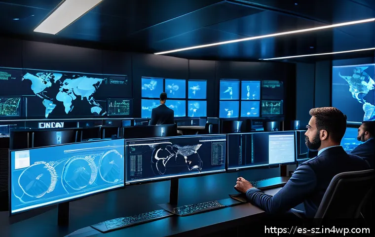 실시간 위협 탐지 시스템의 필요성 - A modern corporate cybersecurity operations center with diverse professionals monitoring multiple la...