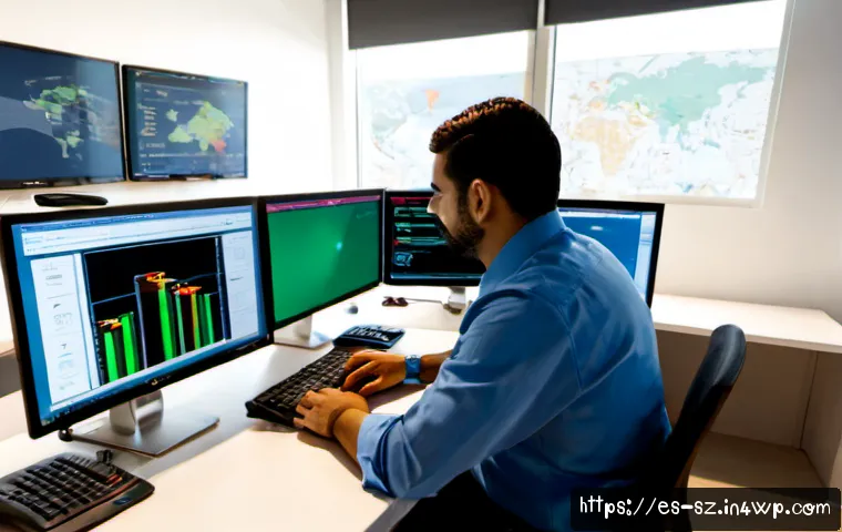 Home 17 지능형 위협 탐지 시스템의 사용자 경험 향상 방법 - Photorealistic cybersecurity operations desk in a modern Spanish office, a calm security analyst usi...