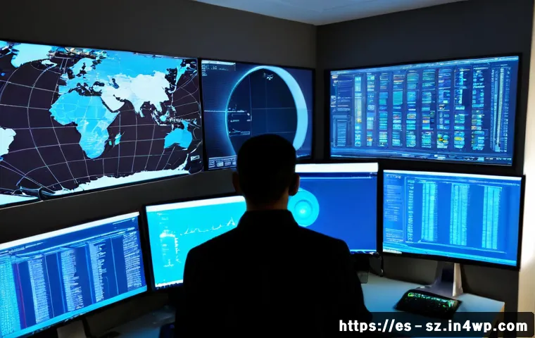 Home 17 지능형 위협 탐지 시스템의 데이터 보호 방안 - Photorealistic cybersecurity operations room in a modern Spanish office, a focused security analyst ...